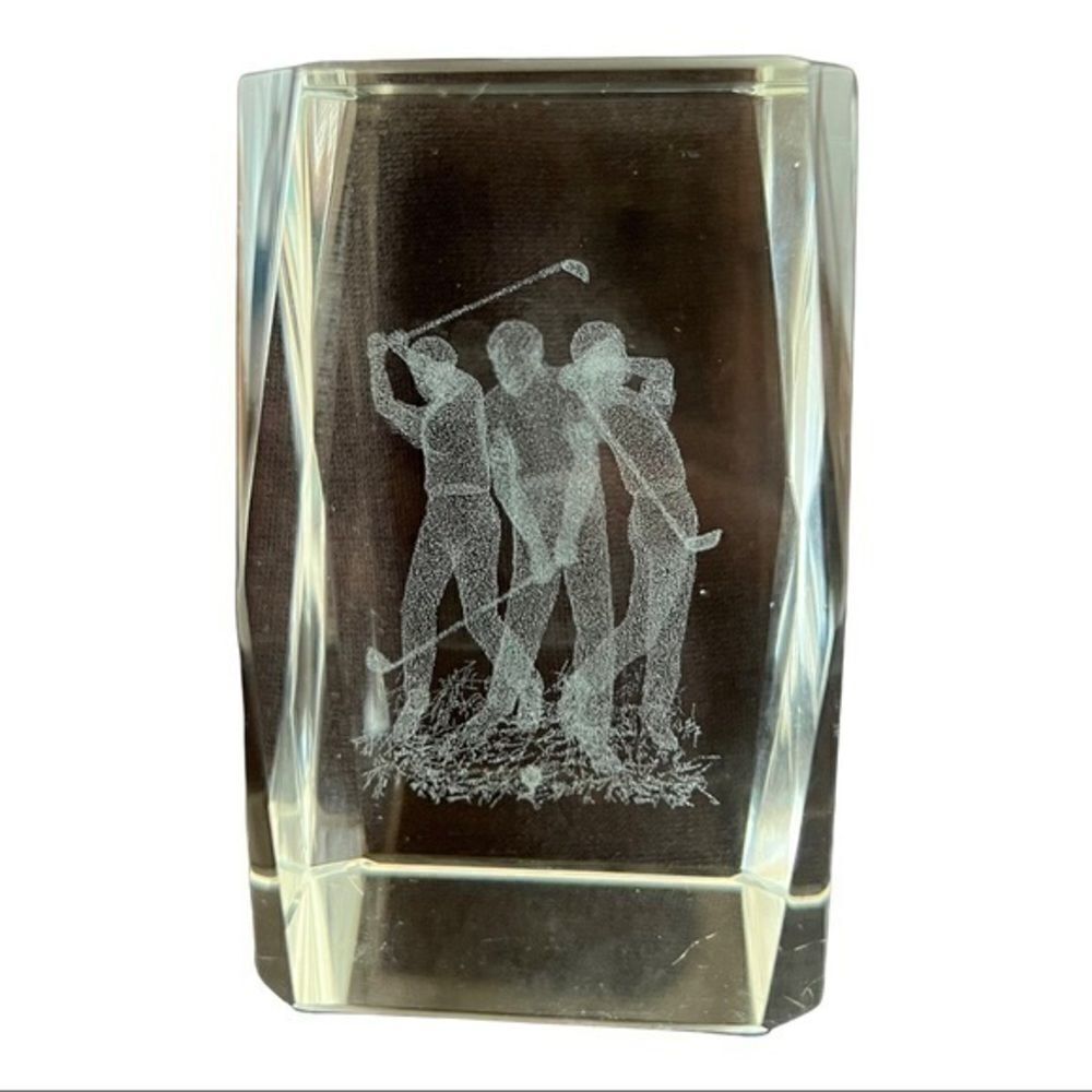 3D Laser Etched Crystal Glass 3 Golfers Beveled Edges Case Paperweight.